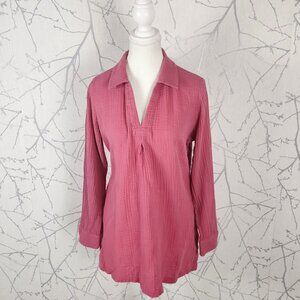 Soft Surroundings Pink 100% Cotton Gauze Collared V-Neck Tunic